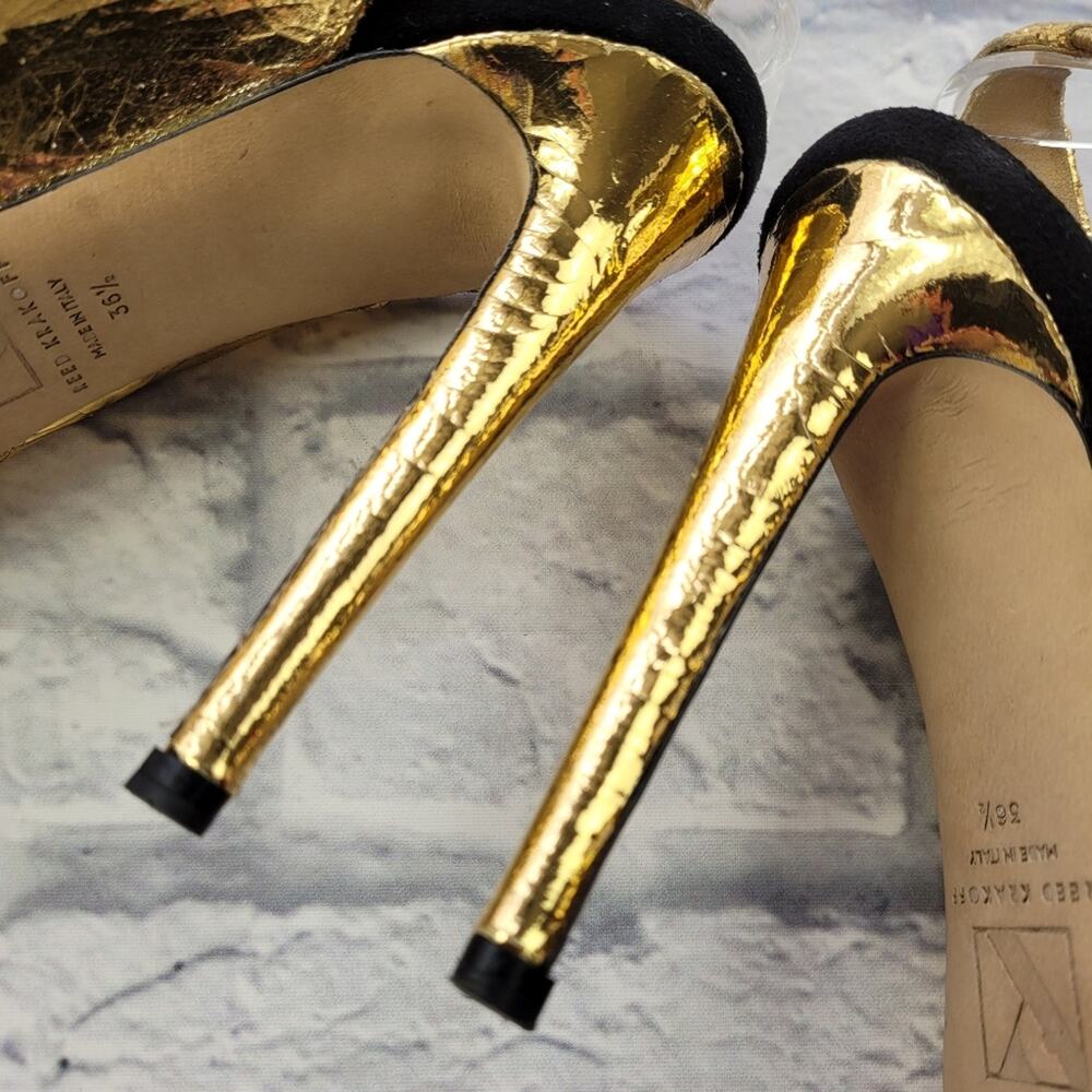Reed Krakoff Crackled Gold Stiletto Slingback Platform Pumps size 6 1/2 - Picture 12 of 16